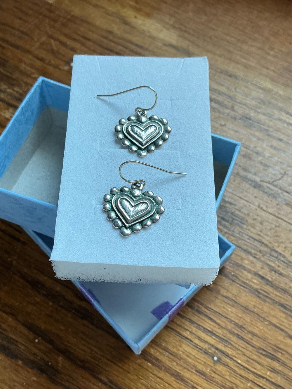 Silver Heart Dangle Earrings - Charming Beaded Edge